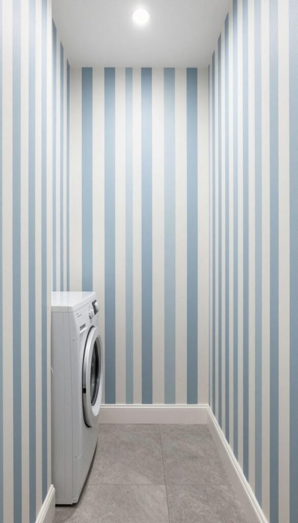 vertical wallpaper pattern in narrow laundry room