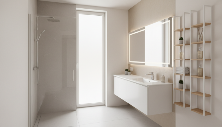 very small bathroom space solutions with modern floating vanity and wall-mounted storage