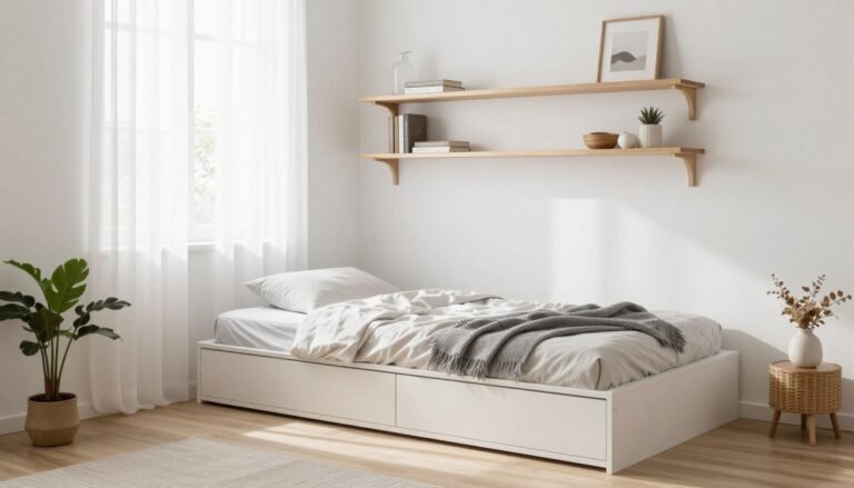 very small bedroom ideas with smart storage and light colors