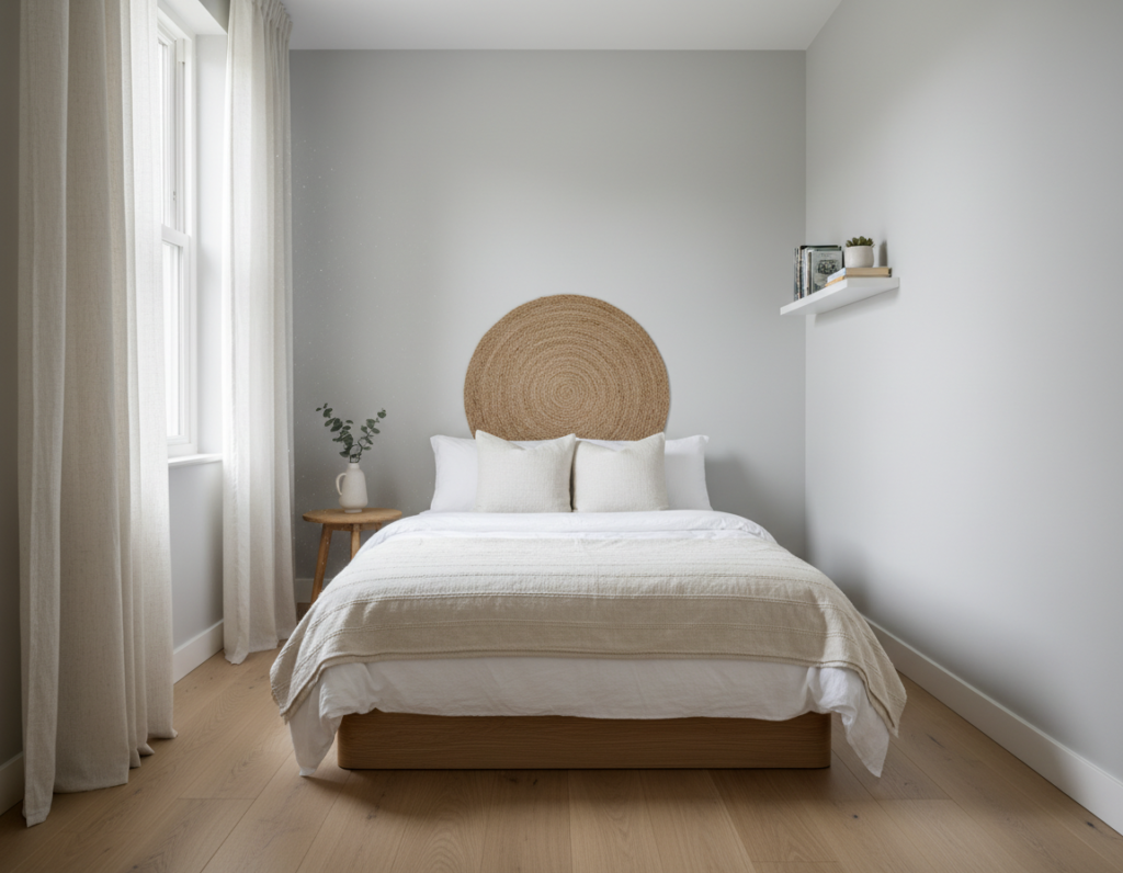 very small bedroom with light colored walls making space feel larger