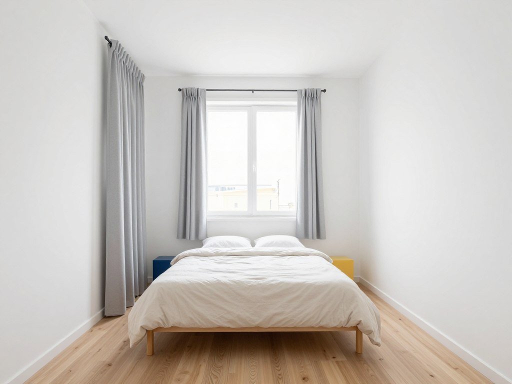 very small bedroom with white walls and neutral color scheme