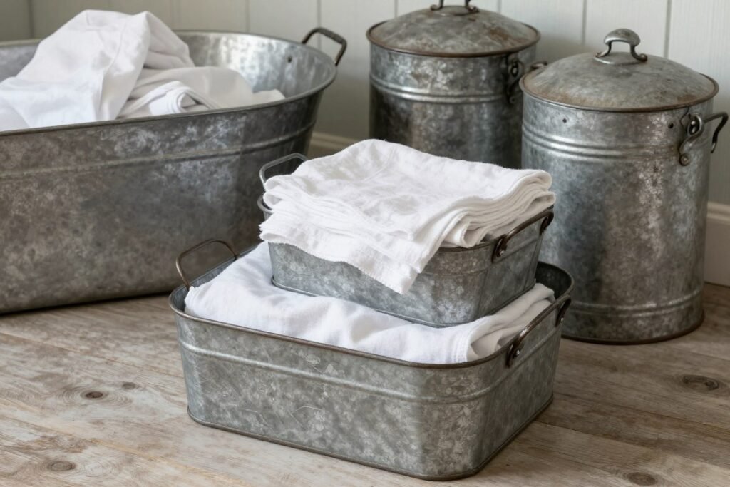 vintage galvanized metal baskets and containers in laundry room