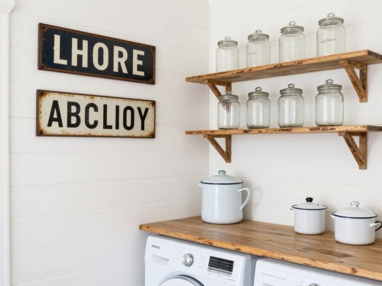 vintage laundry room decor with white cabinets and antique accessories