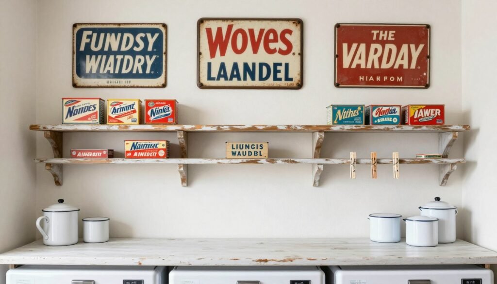 vintage laundry room wall decor featuring antique signs and shelving