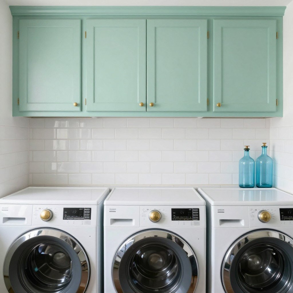 vintage laundry room with mint green cabinets