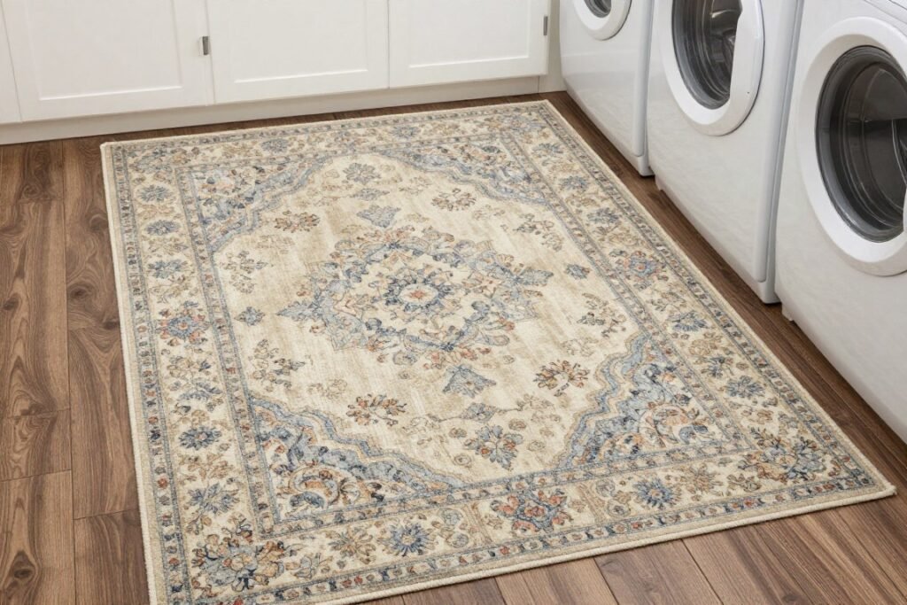 vintage style area rug in laundry room