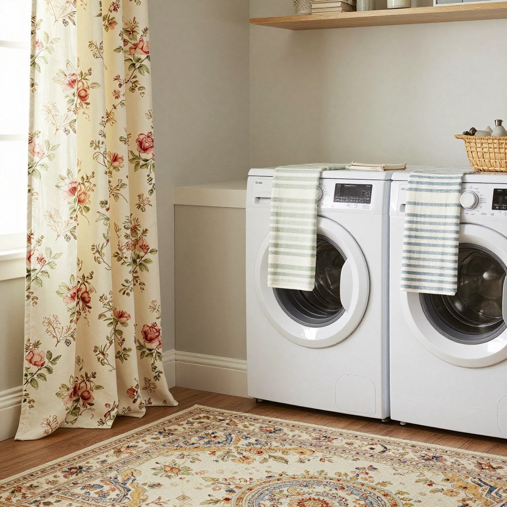 vintage style curtains and rugs for laundry room