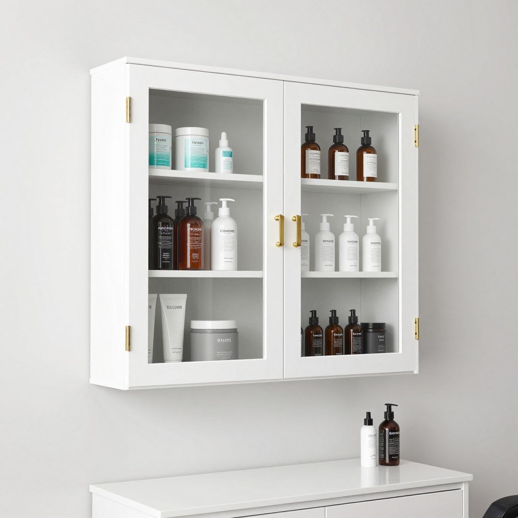 wall cabinet with glass doors showing organized salon supplies