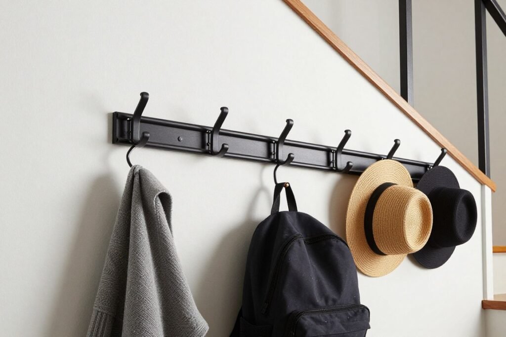 wall hooks and coat storage installed under stairs