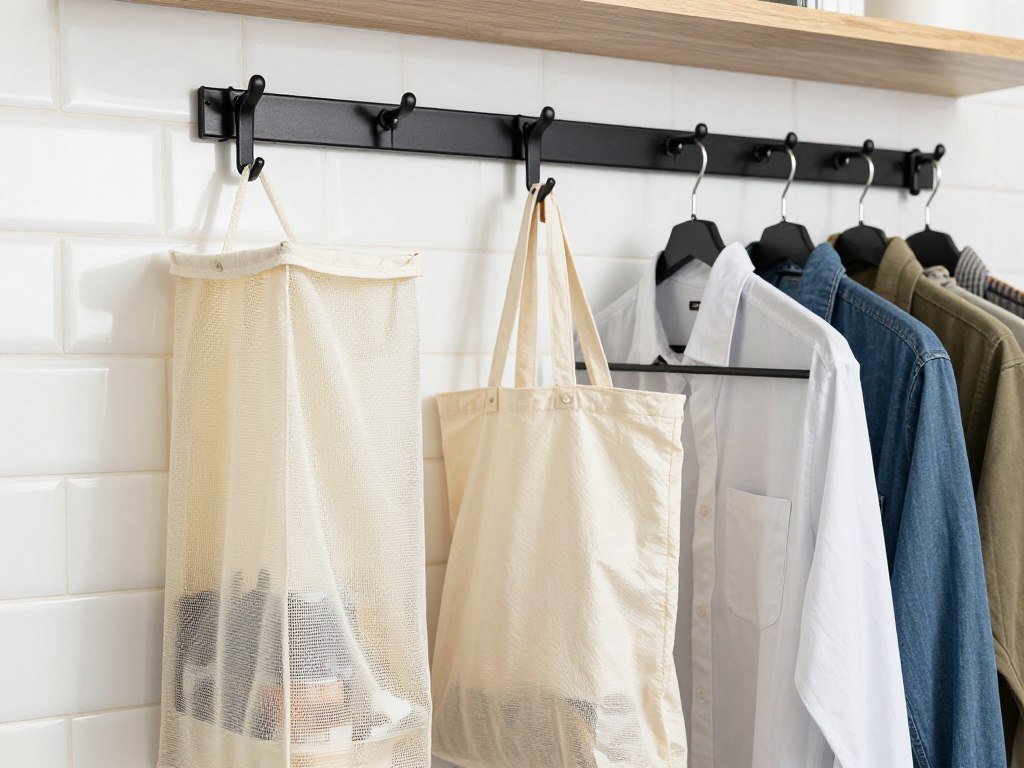 wall hooks holding laundry bags and drying items