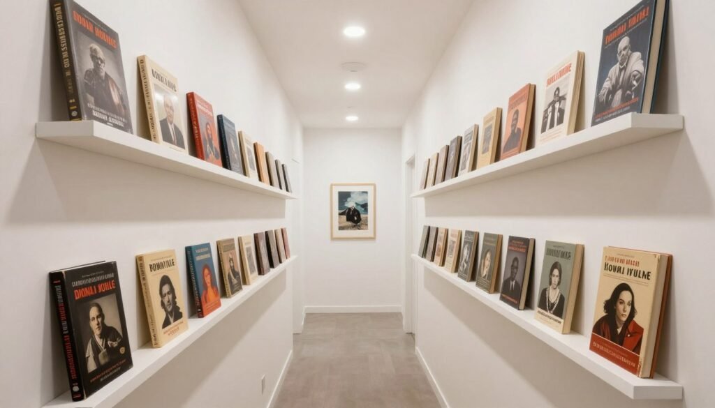 wall-mounted book ledges displaying book covers as artwork in hallway design