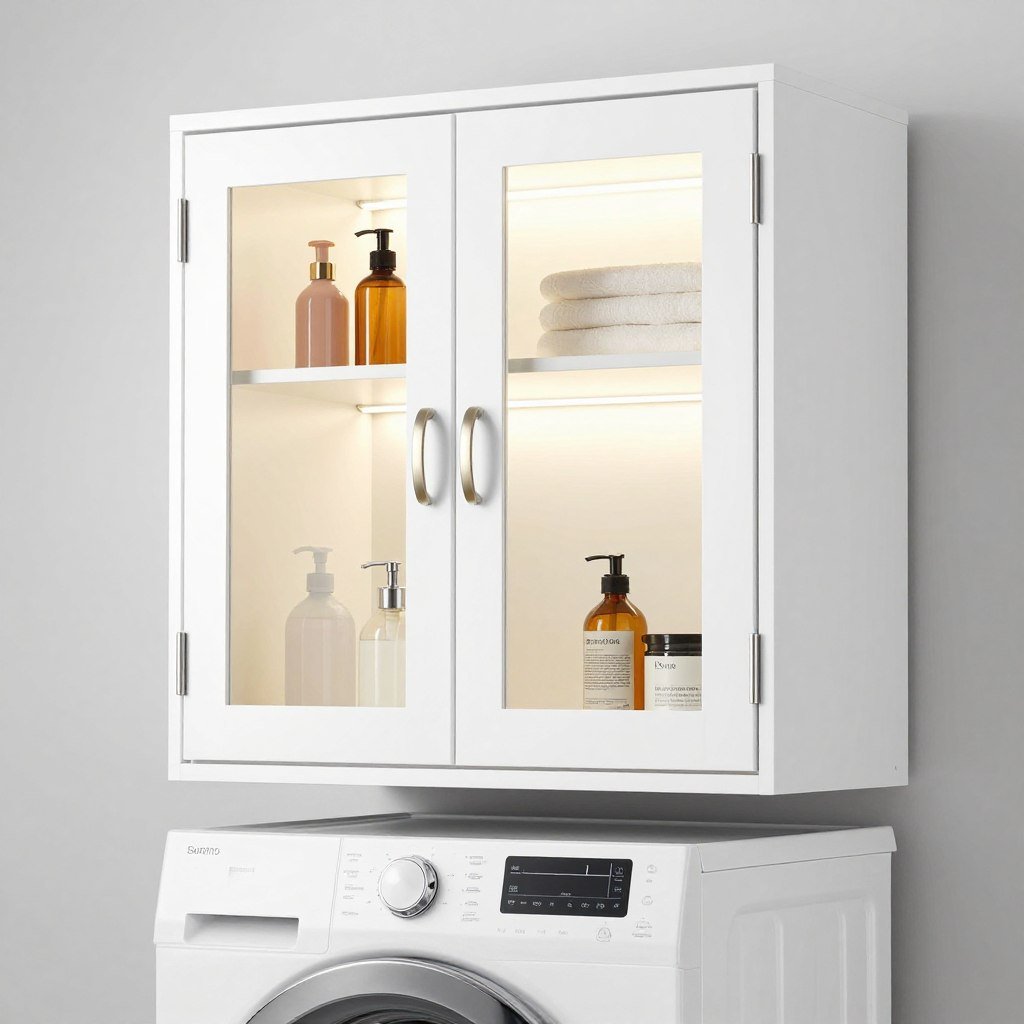 wall mounted cabinets in laundry room with stacked appliances