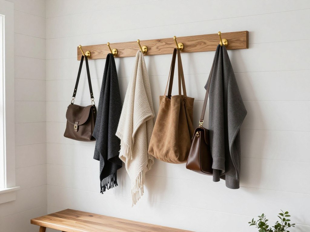 wall mounted coat rack with multiple hooks in entryway
