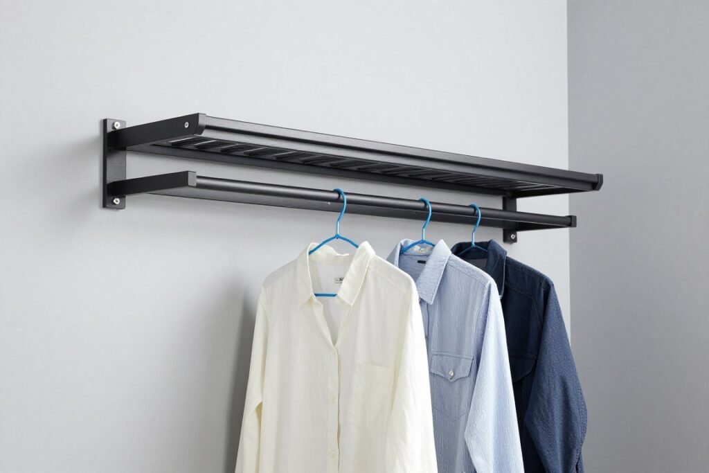 wall mounted drying rack in narrow laundry room