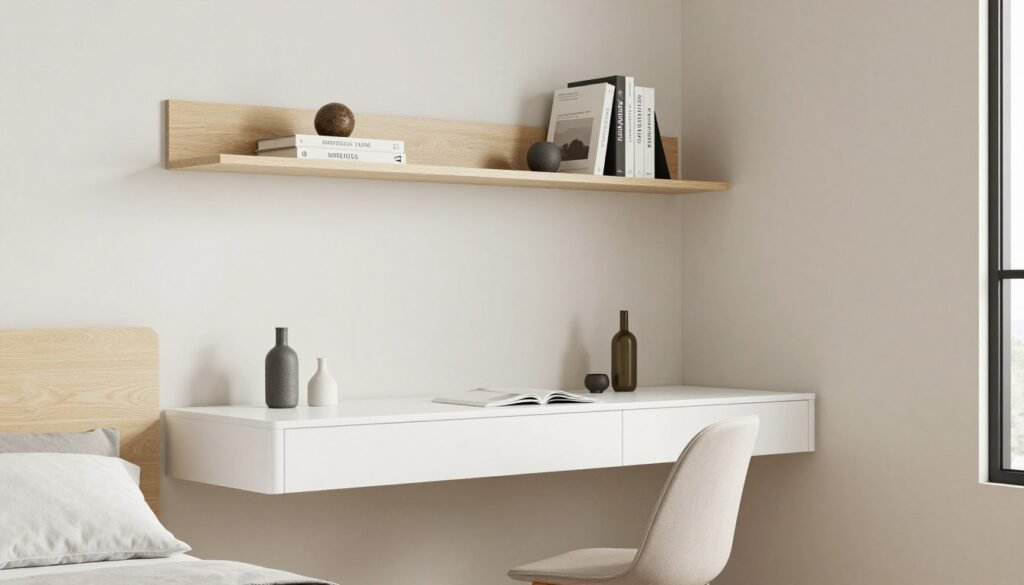 wall-mounted floating desk in guest bedroom corner
