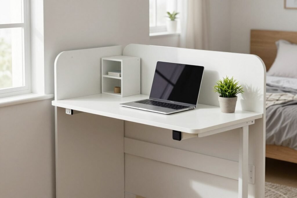 wall-mounted fold-down desk in small bedroom home office area