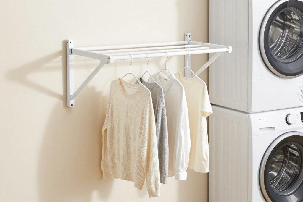 wall-mounted folding drying rack in laundry room