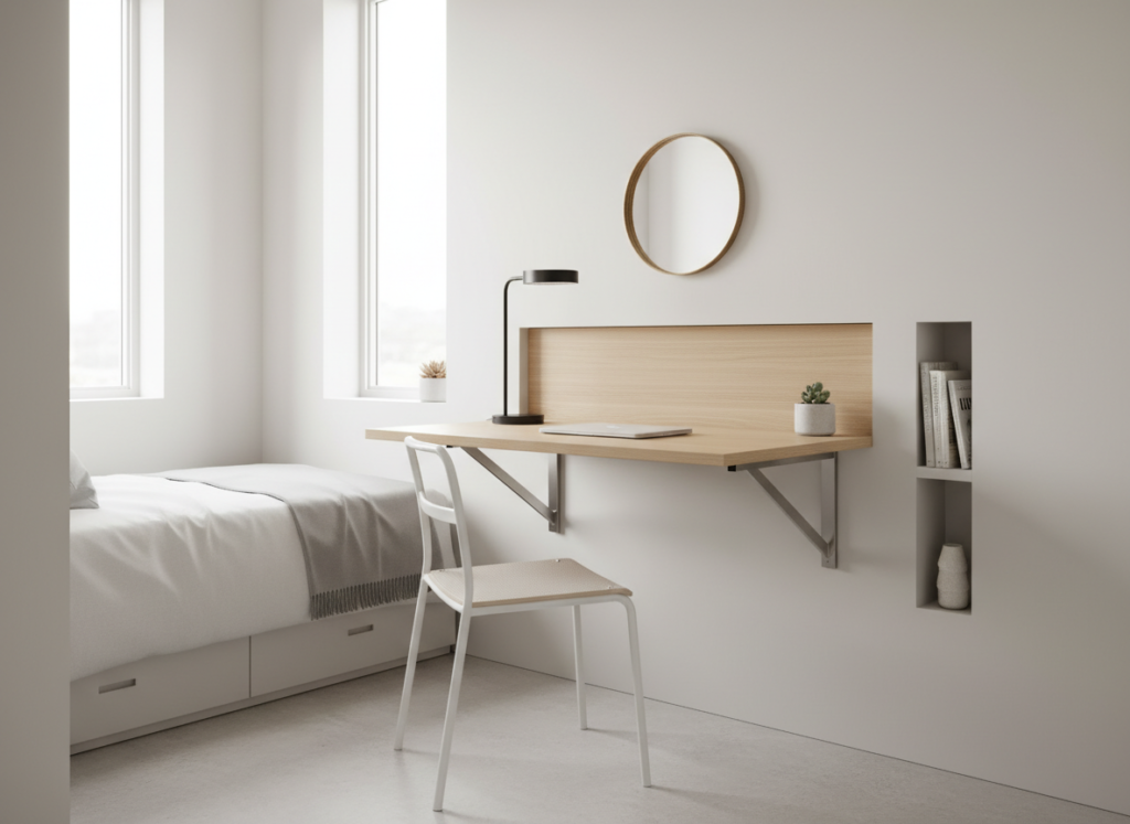 wall mounted folding table in very small bedroom