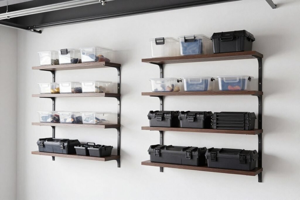 wall-mounted garage shelves with storage containers