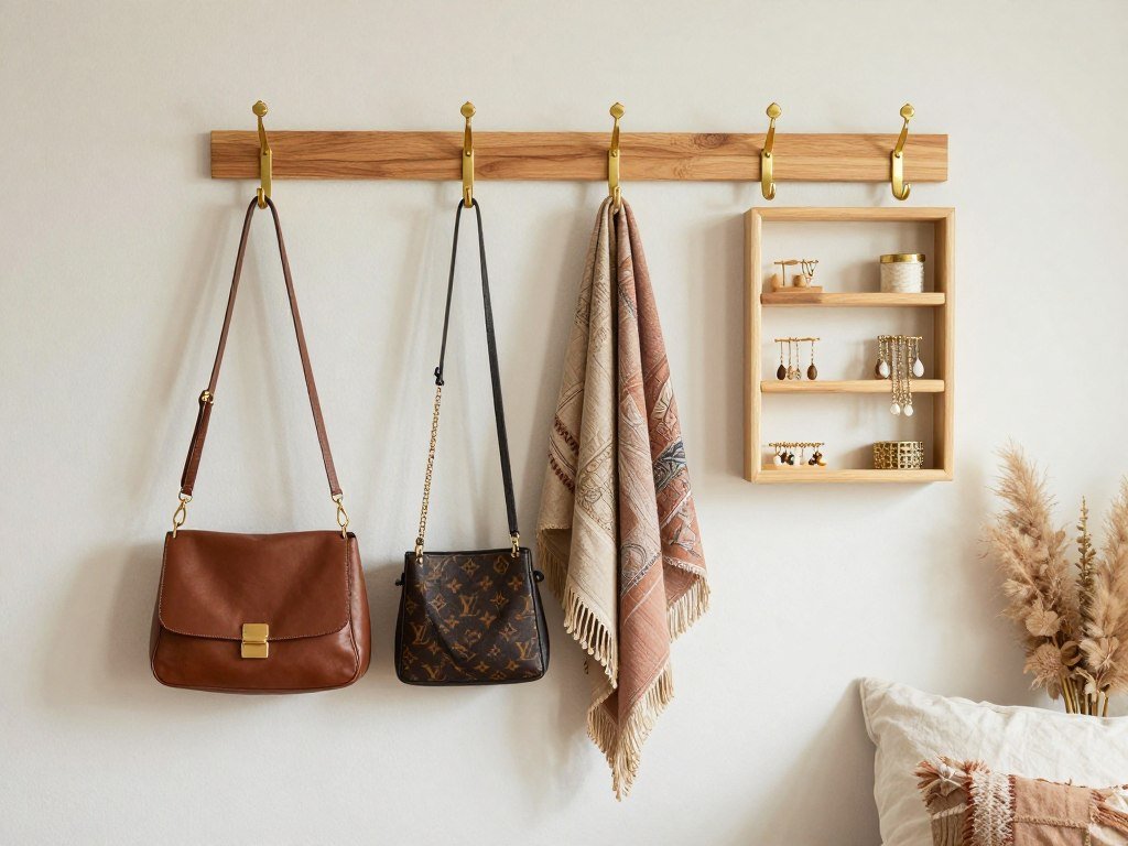 wall-mounted hooks and pegboard organizing accessories and bags