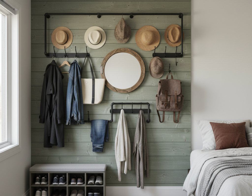 wall-mounted hooks and rails with hanging clothes