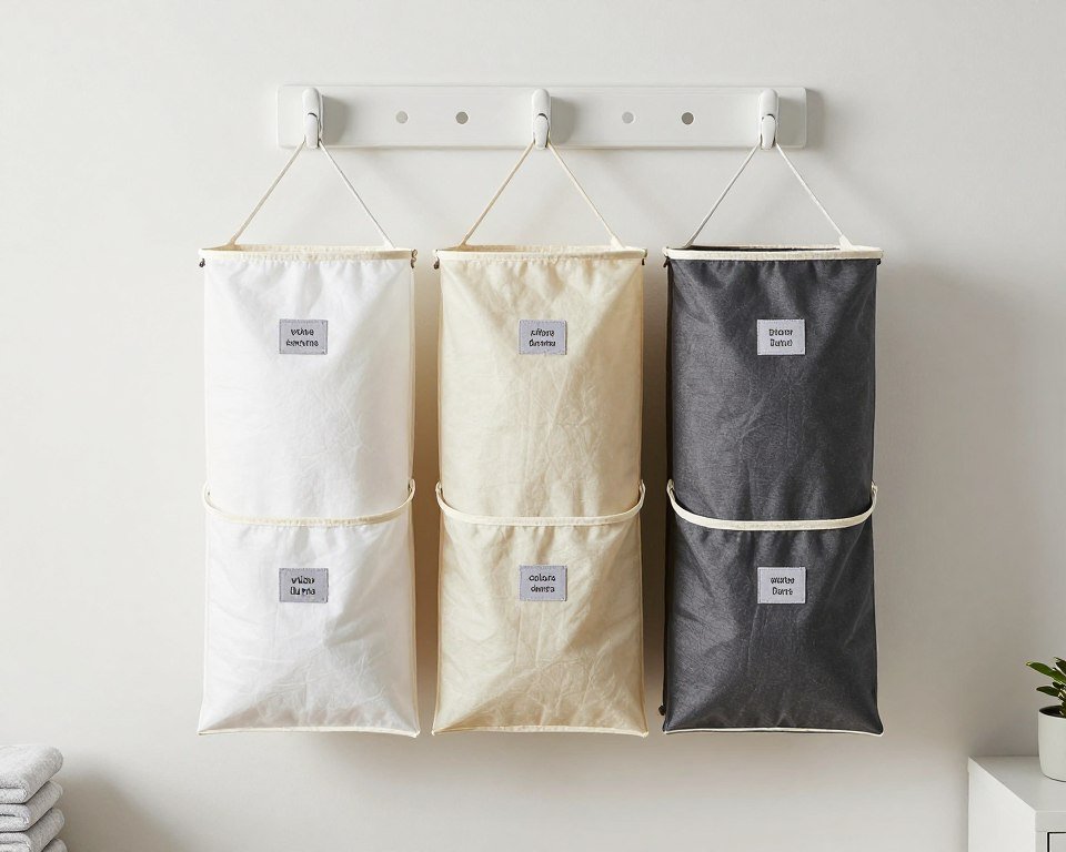 wall mounted laundry sorting bags in three compartments