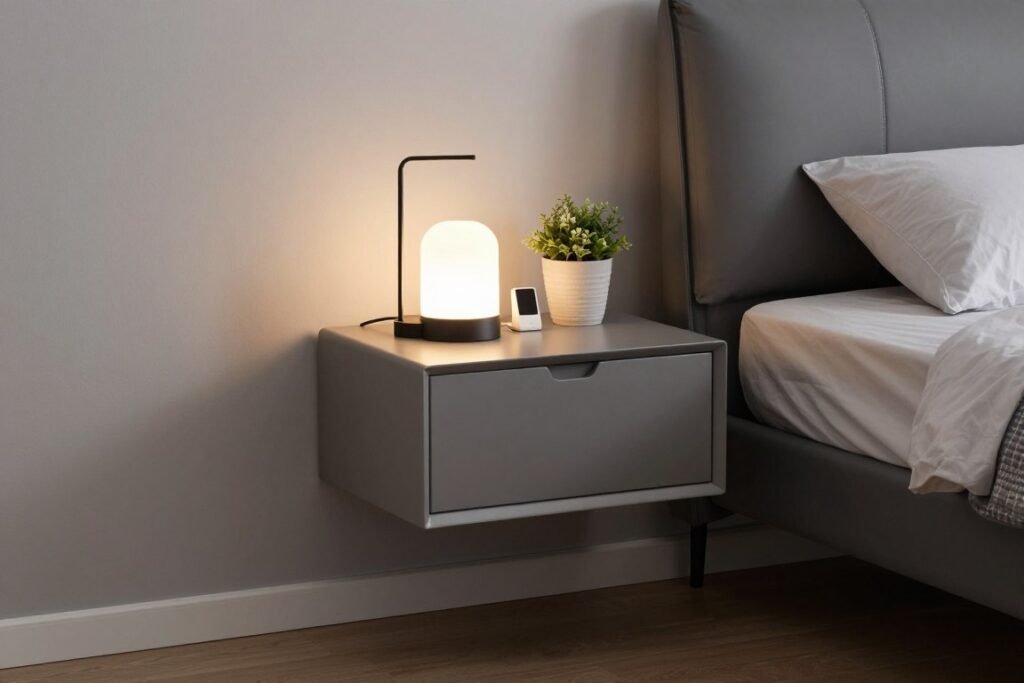 wall-mounted nightstand in very small bedroom saving floor space