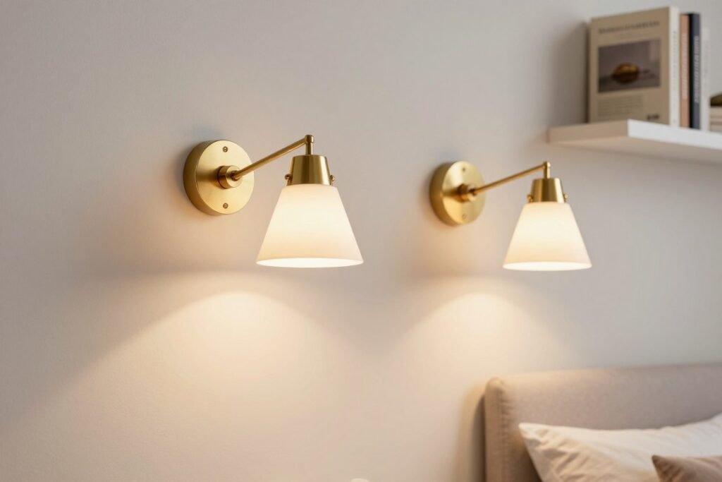wall-mounted reading sconces beside bed in very small bedroom