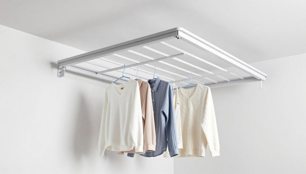 wall mounted retractable drying rack in laundry room