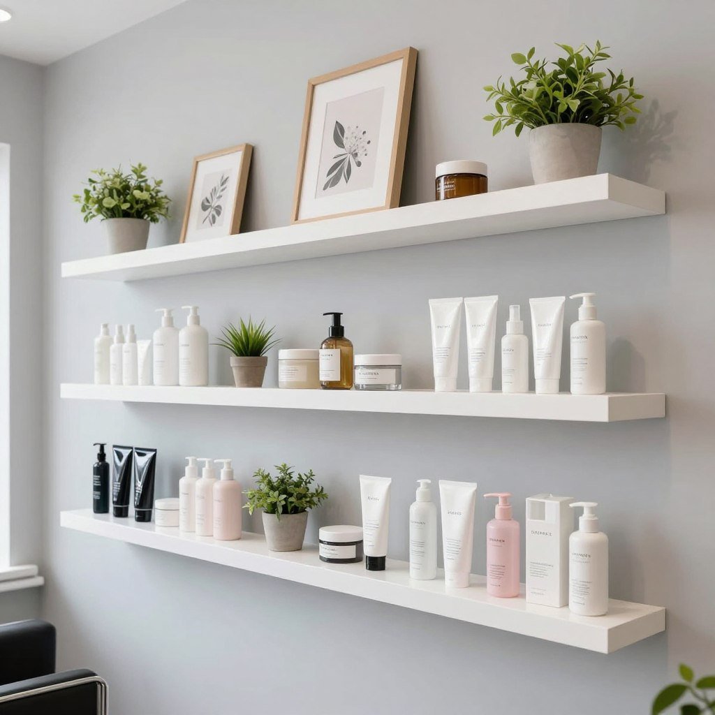 wall-mounted salon storage with floating shelves displaying products