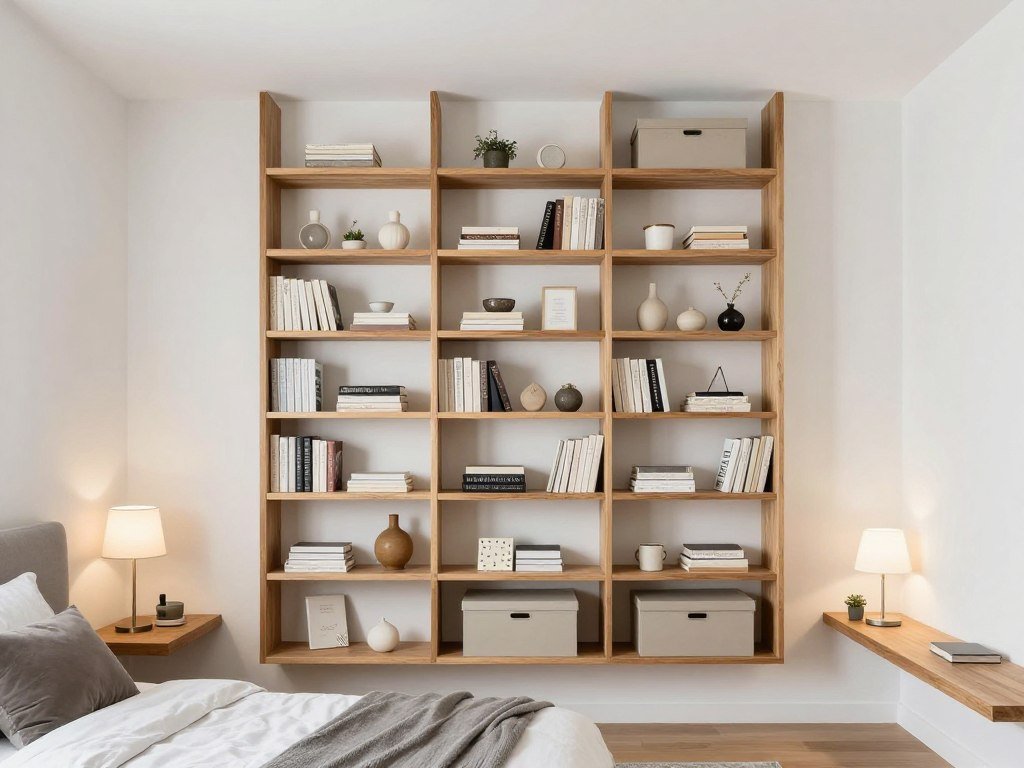 wall-mounted shelves in a very small bedroom maximizing vertical storage space