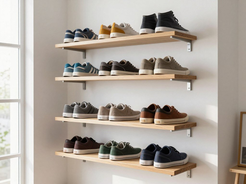 wall mounted shoe shelves in small apartment