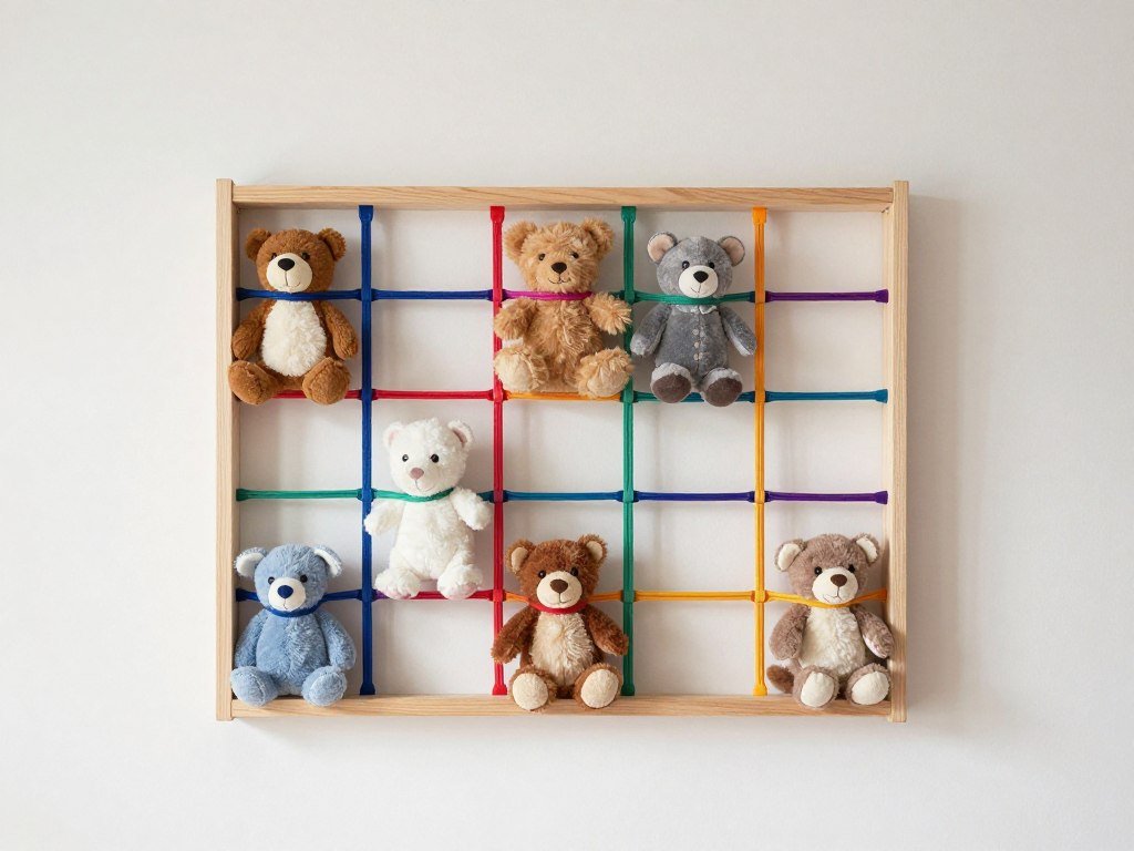 wall mounted stuffed animal zoo storage with elastic bands holding toys