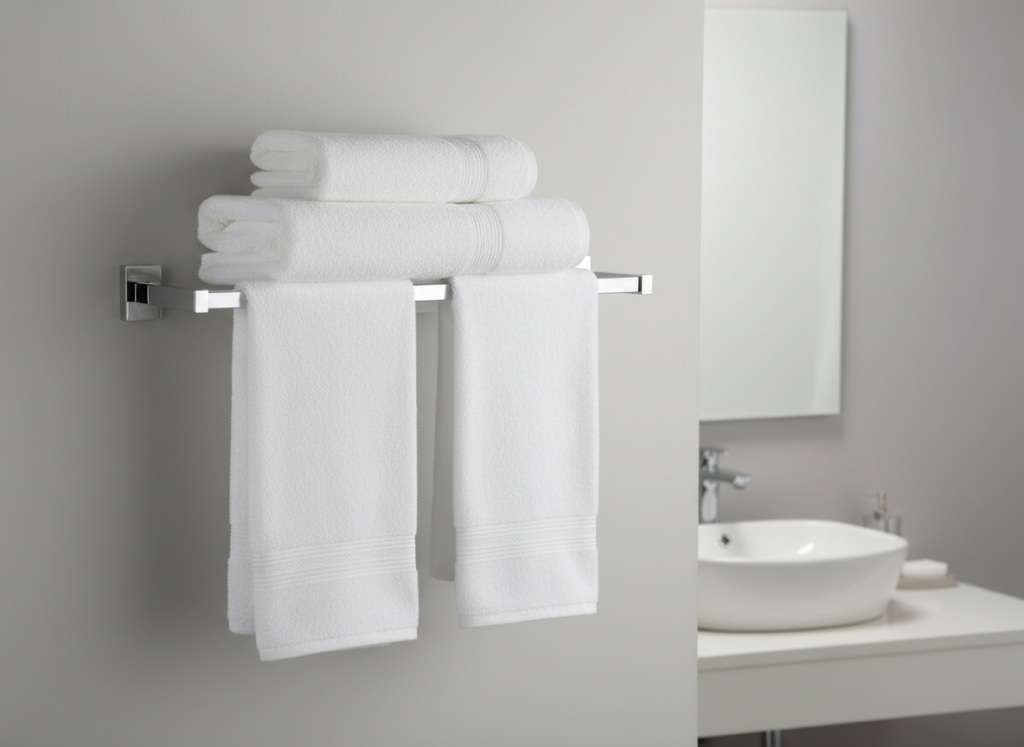 wall-mounted towel rack with white towels in modern bathroom design