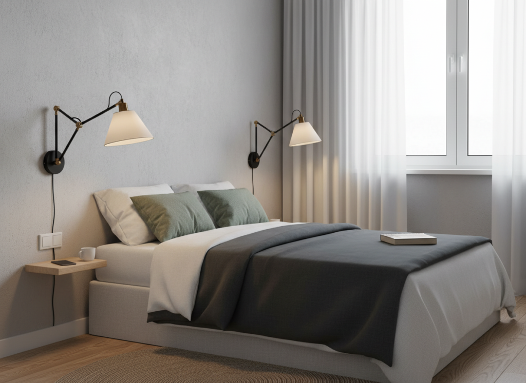 wall sconce lighting beside bed in very small bedroom