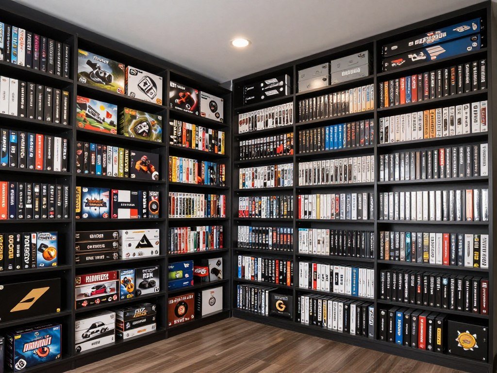 wall to wall board game shelving in game room
