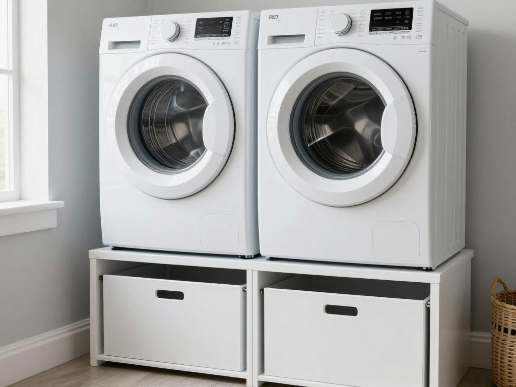 washer and dryer on white pedestals with storage drawers washer and dryer on white pedestals with storage drawers