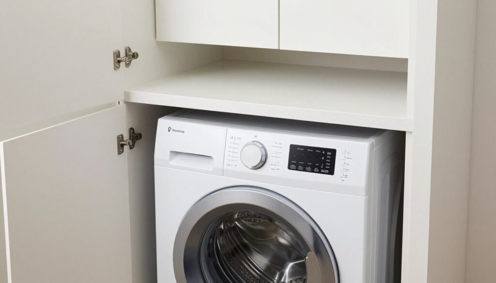 washer under counter in narrow laundry room