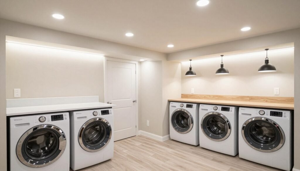 well-lit basement laundry room with layered lighting design
