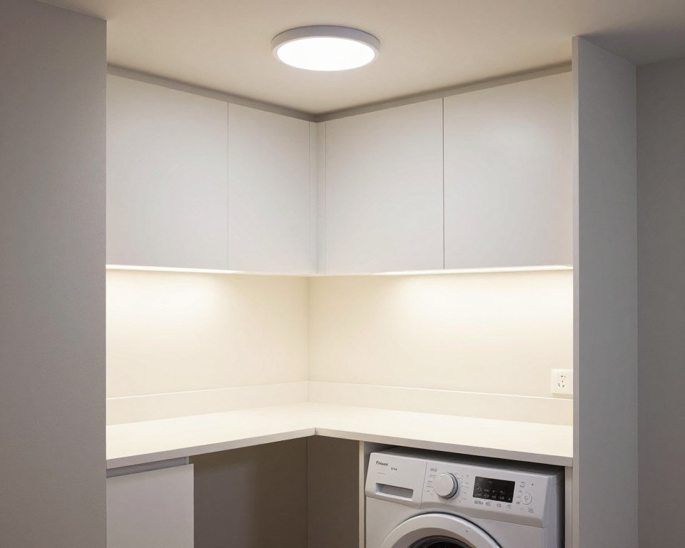 well lit laundry room with overhead and under cabinet lighting