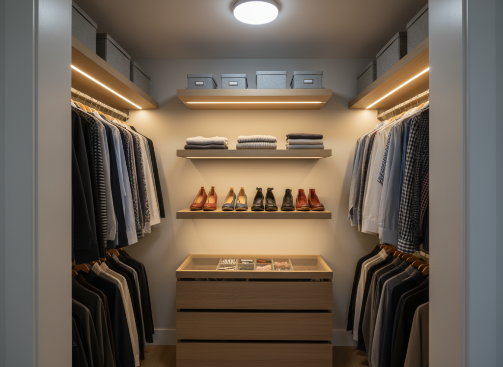 well-lit small closet with LED strip lighting under shelves