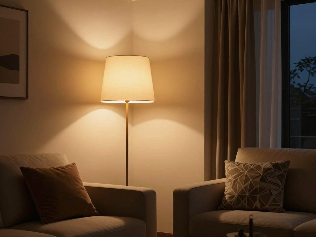 well-lit small living room with multiple light sources