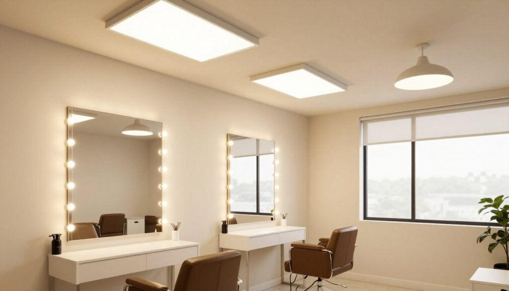 well-lit small salon suite with multiple light sources