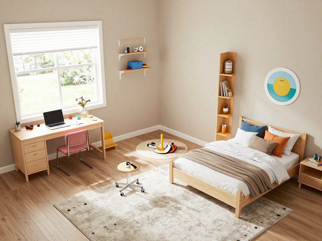 well-organized kids room showing functional layout with study area and play zone