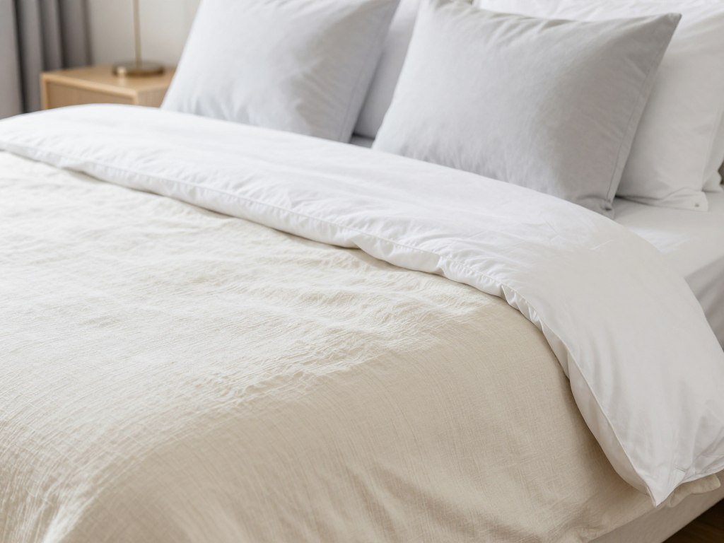 white and cream bedding in very small bedroom creating airy feel
