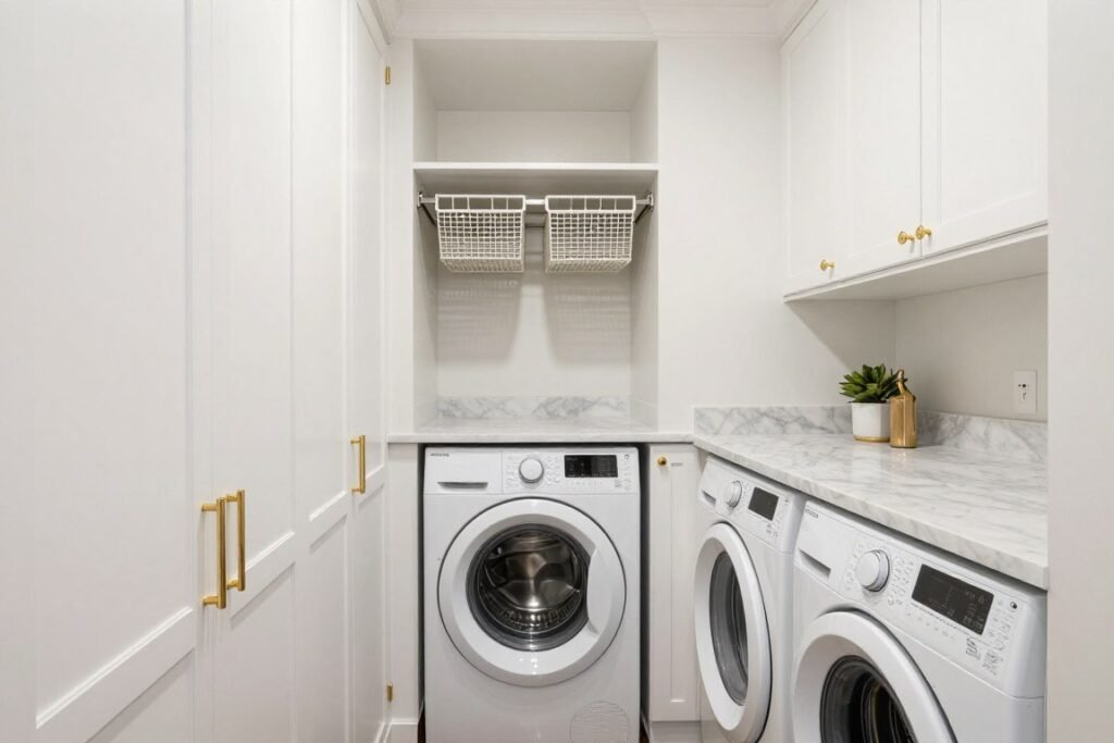 white cabinetry surrounding stacked washer and dryer in small laundry room