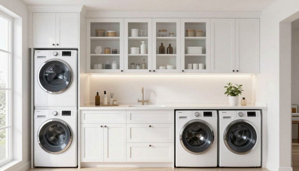 white cabinets surrounding stackable washer dryer in laundry room