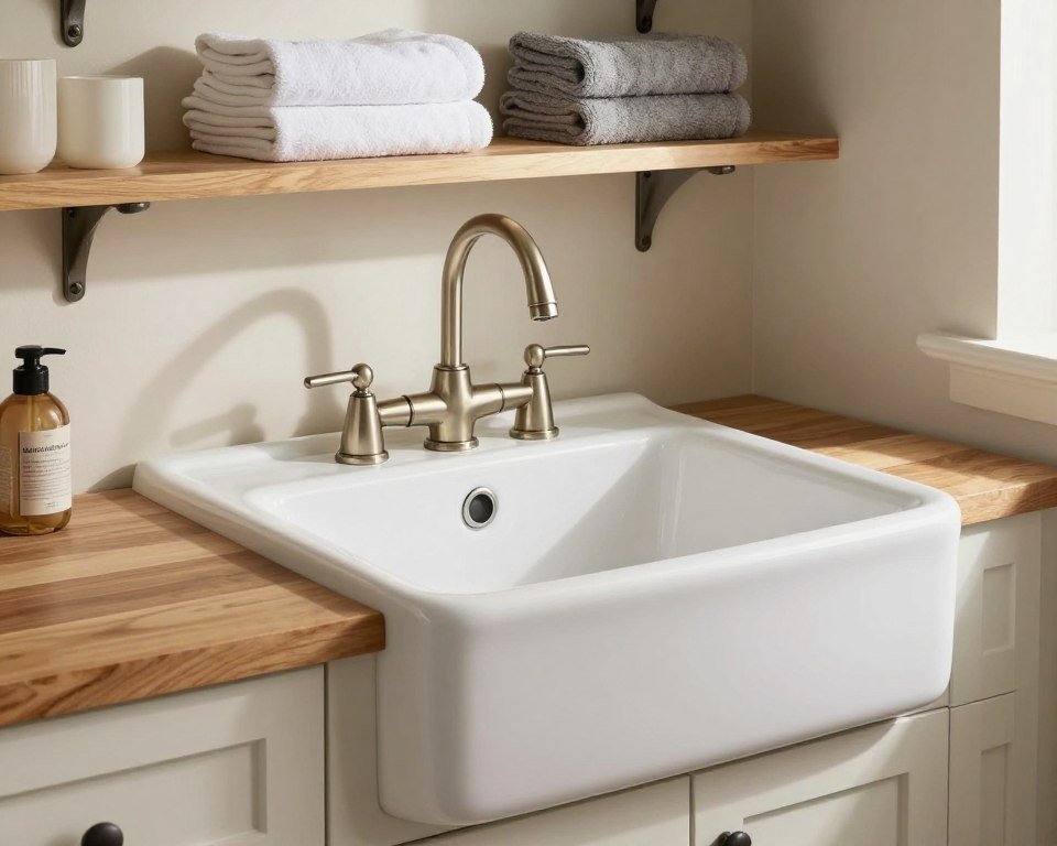 white farmhouse sink in laundry room with vintage faucet white farmhouse sink in laundry room with vintage faucet