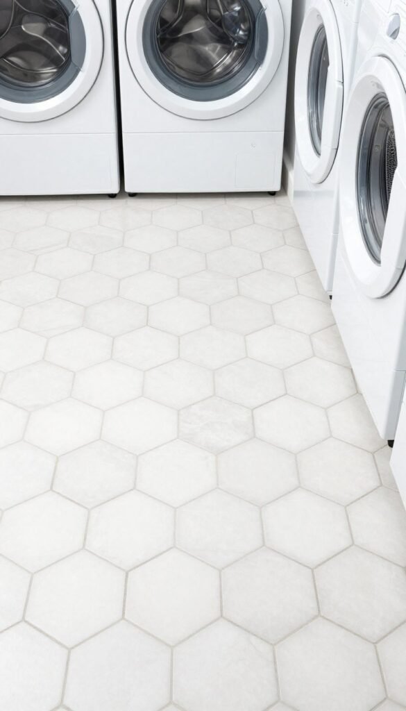 white hexagonal floor tile in stackable washer dryer laundry room