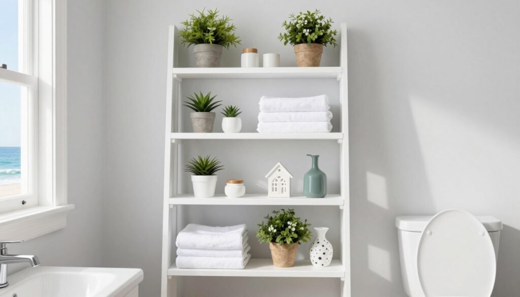 white ladder shelf with plants and towels